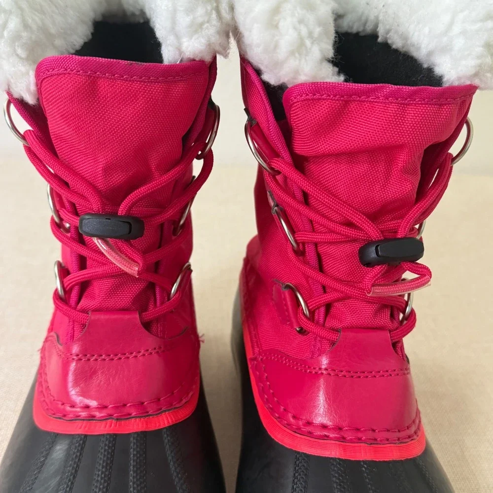 Sorel Winter Carnival Waterproof Boots Pink Black Faux Fur Kids Size 3